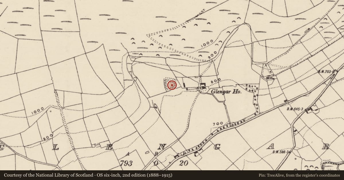 Ordnance Survey six-inch map, 2nd edition (1888–1915) covering the location of Moated site, Glengar, County Tipperary South, with a pin at the register's coordinates