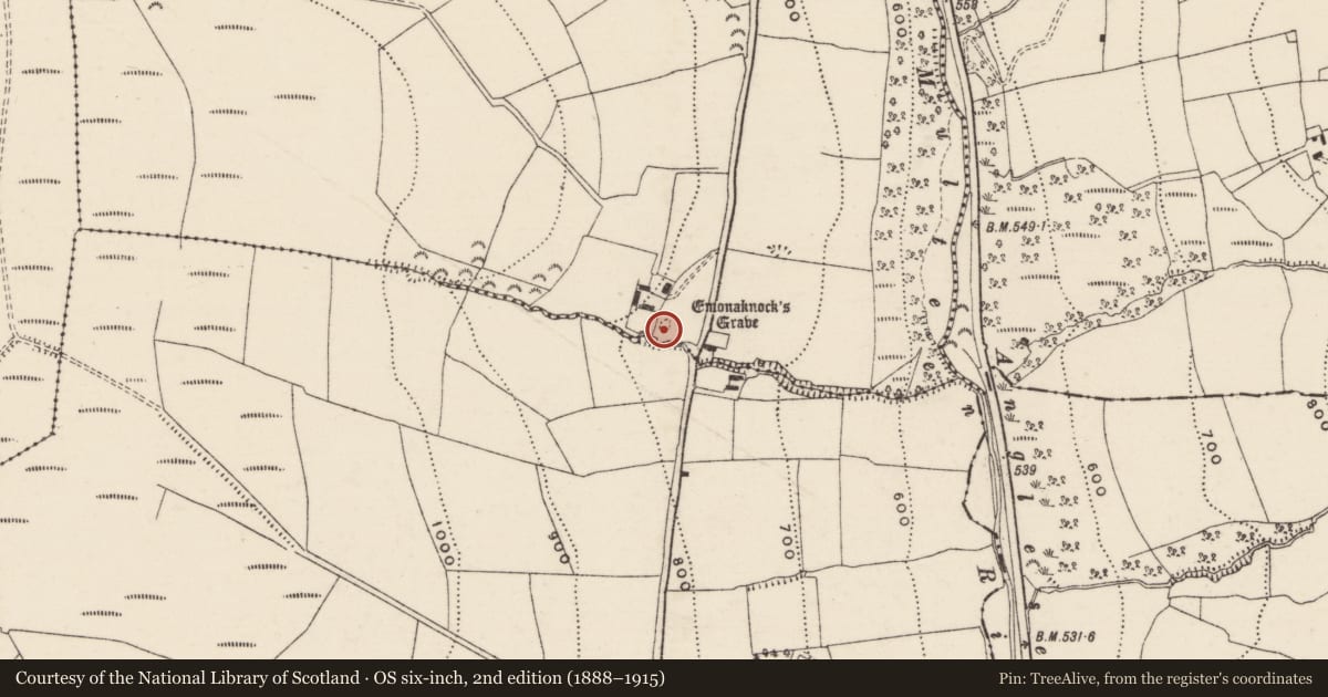 Ordnance Survey six-inch map, 2nd edition (1888–1915) covering the location of Children's burial ground, Curraheen (Toem Par.), County Tipperary South, with a pin at the register's coordinates