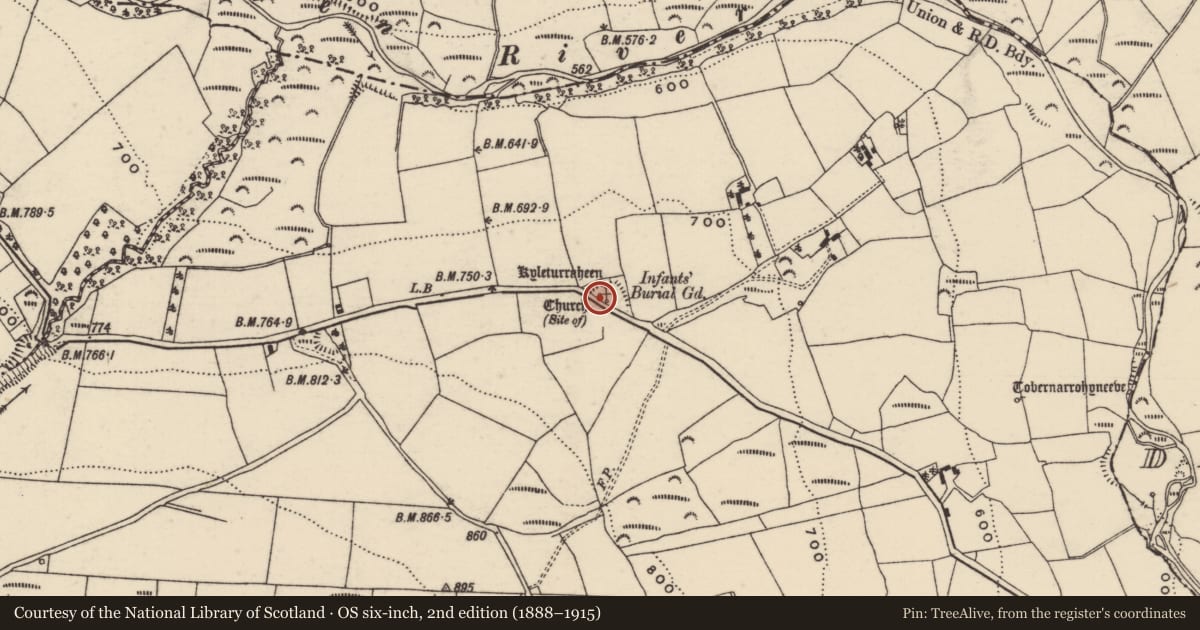 Ordnance Survey six-inch map, 2nd edition (1888–1915) covering the location of Church, Turraheen Lower, County Tipperary South, with a pin at the register's coordinates