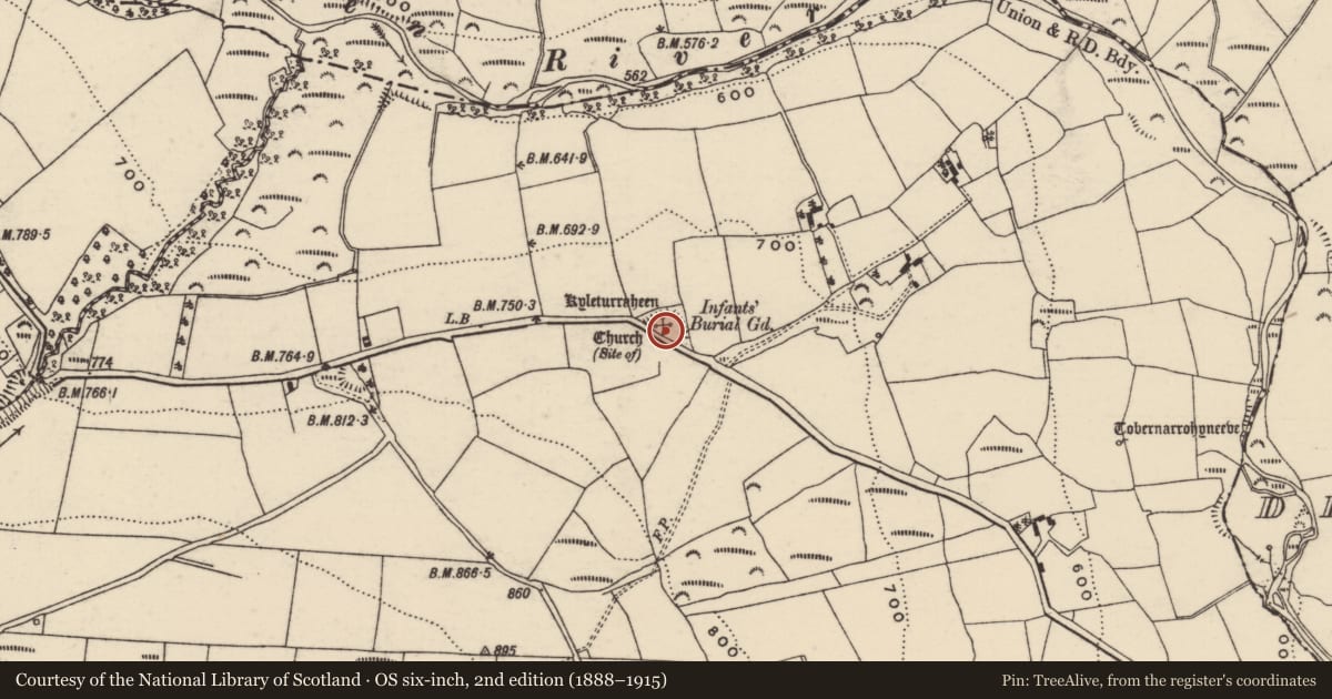 Ordnance Survey six-inch map, 2nd edition (1888–1915) covering the location of Children's burial ground, Turraheen Lower, County Tipperary South, with a pin at the register's coordinates