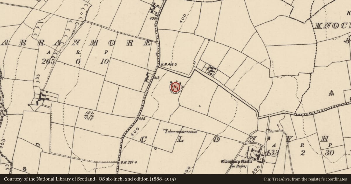 Ordnance Survey six-inch map, 2nd edition (1888–1915) covering the location of Ringfort - rath, Clonyharp (Clogher Par.), County Tipperary South, with a pin at the register's coordinates