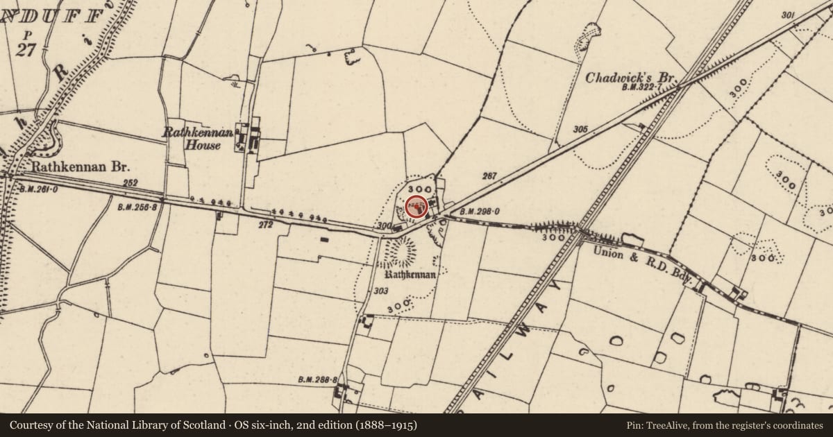 Ordnance Survey six-inch map, 2nd edition (1888–1915) covering the location of Church, Rathkennan, County Tipperary South, with a pin at the register's coordinates