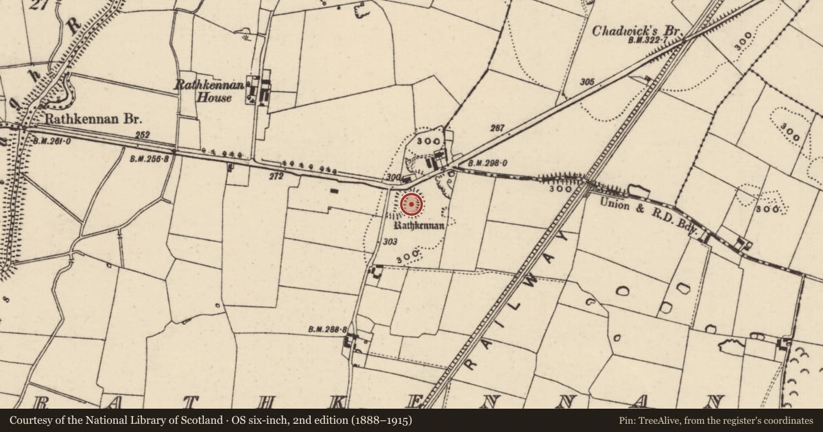 Ordnance Survey six-inch map, 2nd edition (1888–1915) covering the location of Castle - motte and bailey, Rathkennan, County Tipperary South, with a pin at the register's coordinates