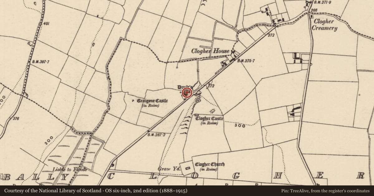 Ordnance Survey six-inch map, 2nd edition (1888–1915) covering the location of Megalithic structure, Clogher, County Tipperary South, with a pin at the register's coordinates