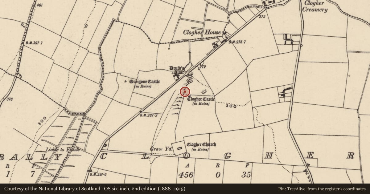 Ordnance Survey six-inch map, 2nd edition (1888–1915) covering the location of Bawn, Clogher, County Tipperary South, with a pin at the register's coordinates