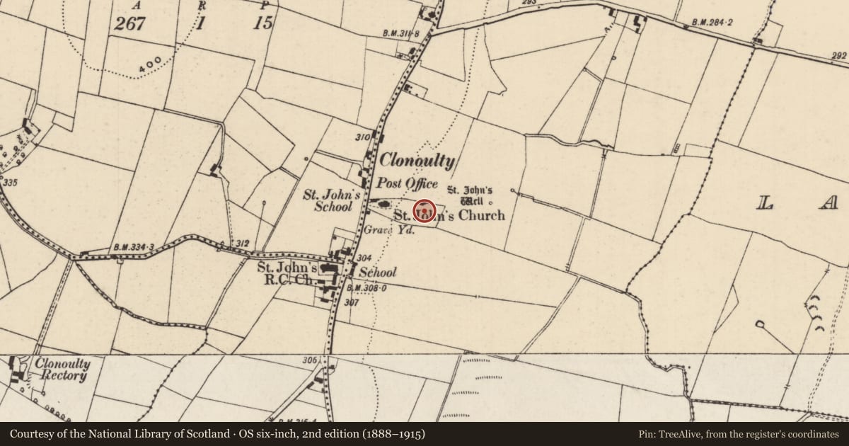 Ordnance Survey six-inch map, 2nd edition (1888–1915) covering the location of Sheela-na-gig, Clonoulty Churchquarter, County Tipperary South, with a pin at the register's coordinates