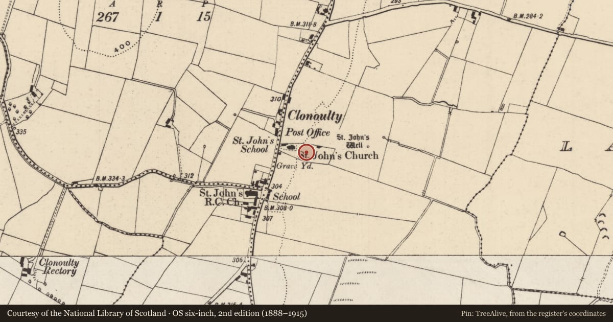 Ordnance Survey six-inch map, 2nd edition (1888–1915) covering the location of Graveyard, Clonoulty Churchquarter, County Tipperary South, with a pin at the register's coordinates