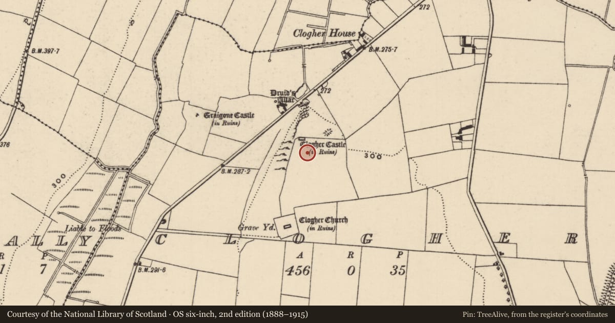 Ordnance Survey six-inch map, 2nd edition (1888–1915) covering the location of Enclosure, Clogher, County Tipperary South, with a pin at the register's coordinates