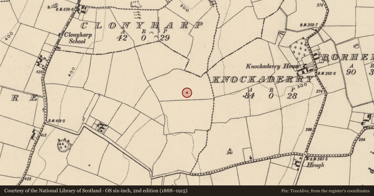 Ordnance Survey six-inch map, 2nd edition (1888–1915) covering the location of Enclosure, Clonyharp (Clogher Par.), County Tipperary South, with a pin at the register's coordinates