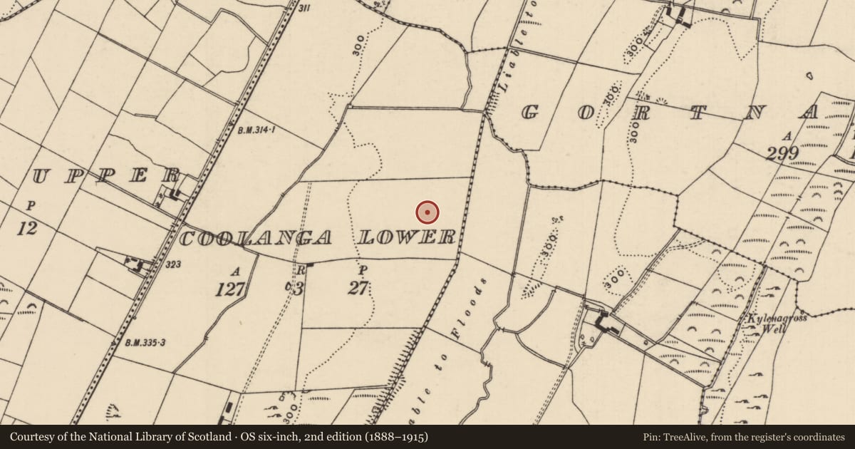 Ordnance Survey six-inch map, 2nd edition (1888–1915) covering the location of Barrow - ring-barrow, Coolanga Lower, County Tipperary South, with a pin at the register's coordinates
