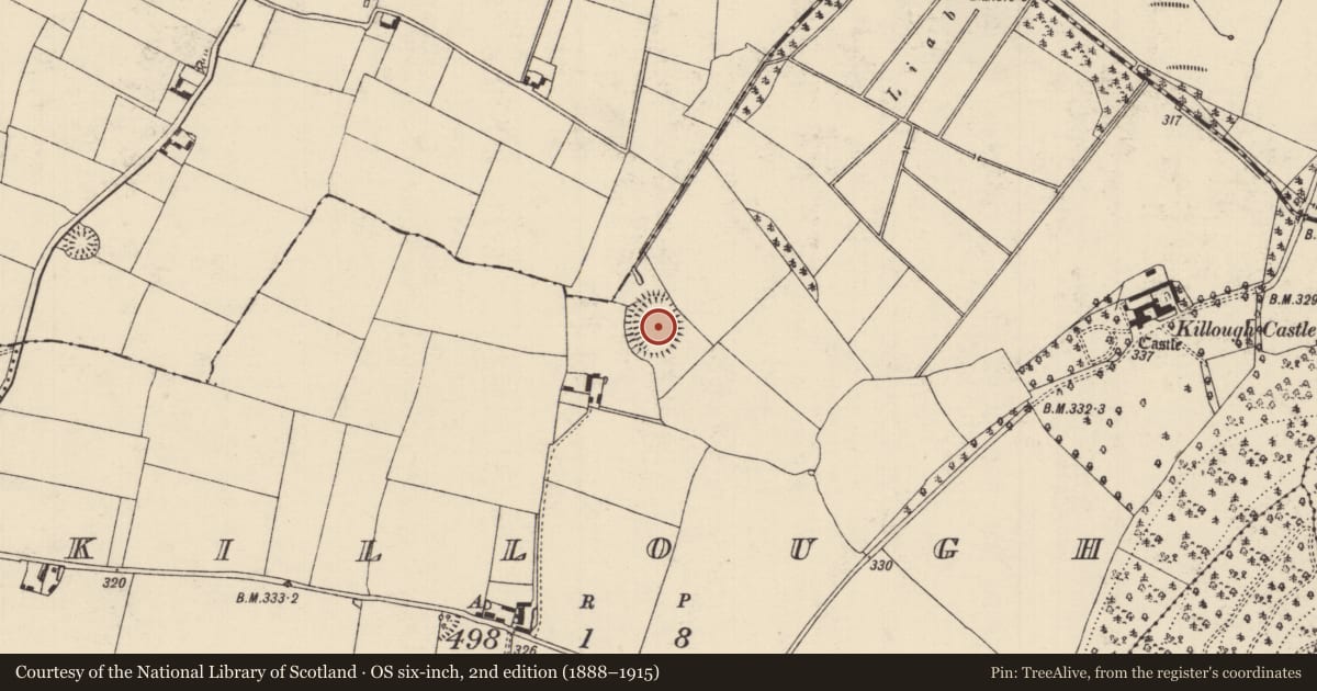 Ordnance Survey six-inch map, 2nd edition (1888–1915) covering the location of Ringfort - rath, Killough (Gaile Par.), County Tipperary South, with a pin at the register's coordinates