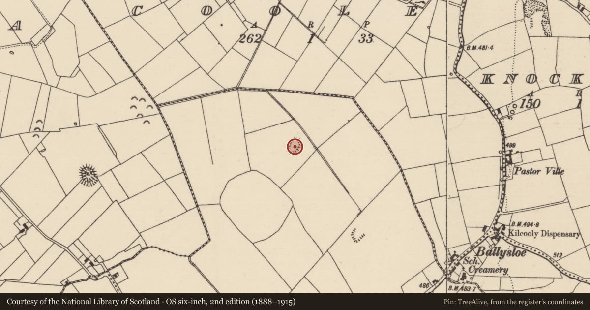 Ordnance Survey six-inch map, 2nd edition (1888–1915) covering the location of Earthwork, Mellisson, County Tipperary South, with a pin at the register's coordinates
