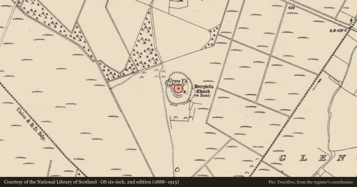 Ordnance Survey six-inch map, 2nd edition (1888–1915) covering the location of Ecclesiastical enclosure, Derryvella, County Tipperary South, with a pin at the register's coordinates