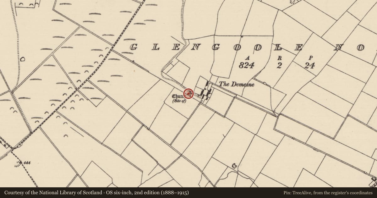 Ordnance Survey six-inch map, 2nd edition (1888–1915) covering the location of Graveyard, Glengoole North, County Tipperary South, with a pin at the register's coordinates