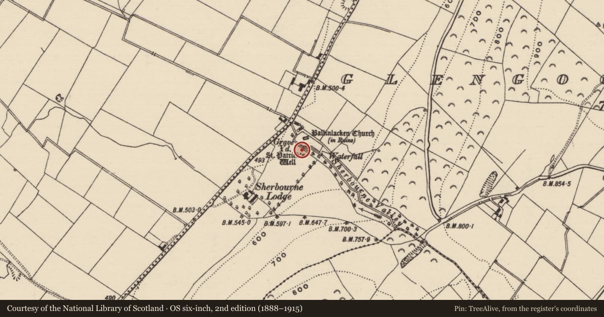 Ordnance Survey six-inch map, 2nd edition (1888–1915) covering the location of Ritual site - holy well, Glengoole South, County Tipperary South, with a pin at the register's coordinates