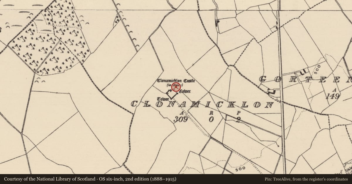Ordnance Survey six-inch map, 2nd edition (1888–1915) covering the location of Settlement cluster, Clonamicklon, County Tipperary South, with a pin at the register's coordinates