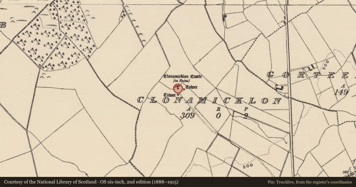 Ordnance Survey six-inch map, 2nd edition (1888–1915) covering the location of House - fortified house, Clonamicklon, County Tipperary South, with a pin at the register's coordinates