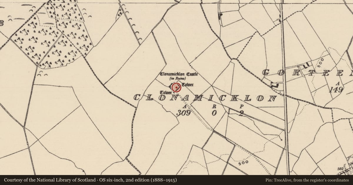 Ordnance Survey six-inch map, 2nd edition (1888–1915) covering the location of Bawn, Clonamicklon, County Tipperary South, with a pin at the register's coordinates