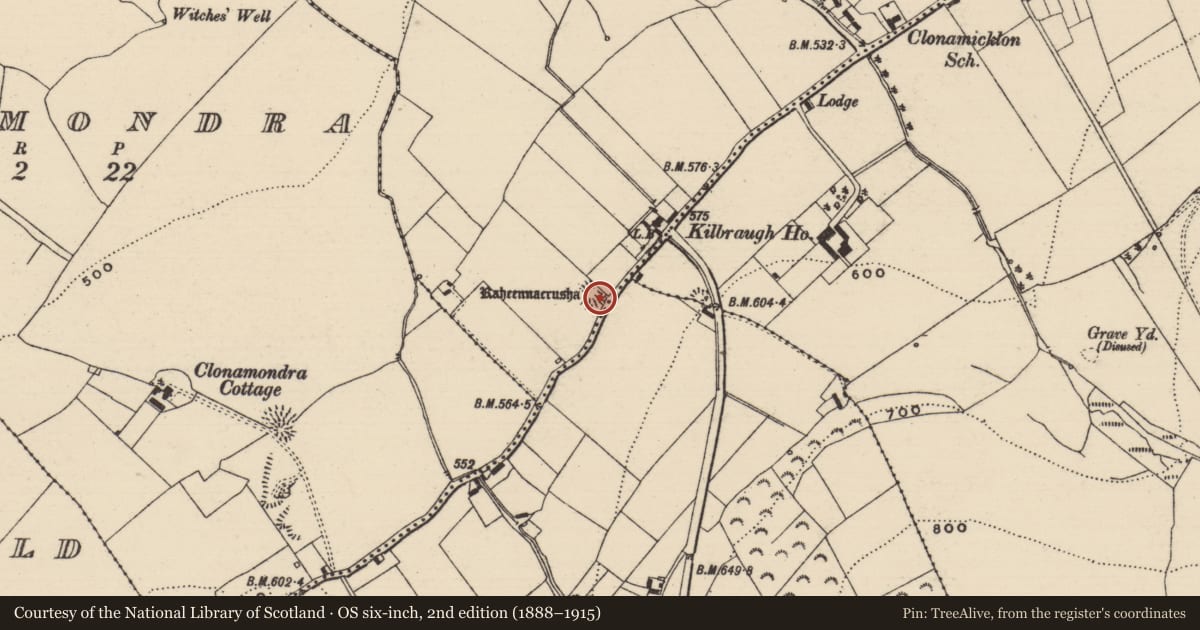 Ordnance Survey six-inch map, 2nd edition (1888–1915) covering the location of Enclosure, Clonamicklon, County Tipperary South, with a pin at the register's coordinates