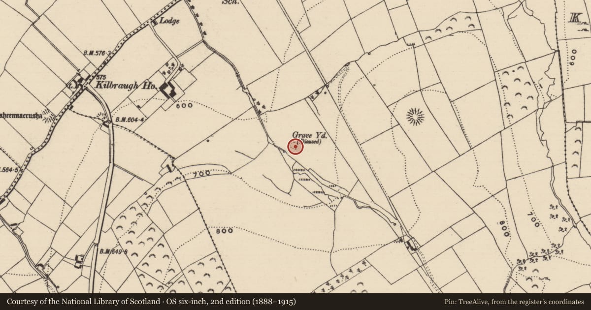 Ordnance Survey six-inch map, 2nd edition (1888–1915) covering the location of Burial ground, Kilbraugh, County Tipperary South, with a pin at the register's coordinates