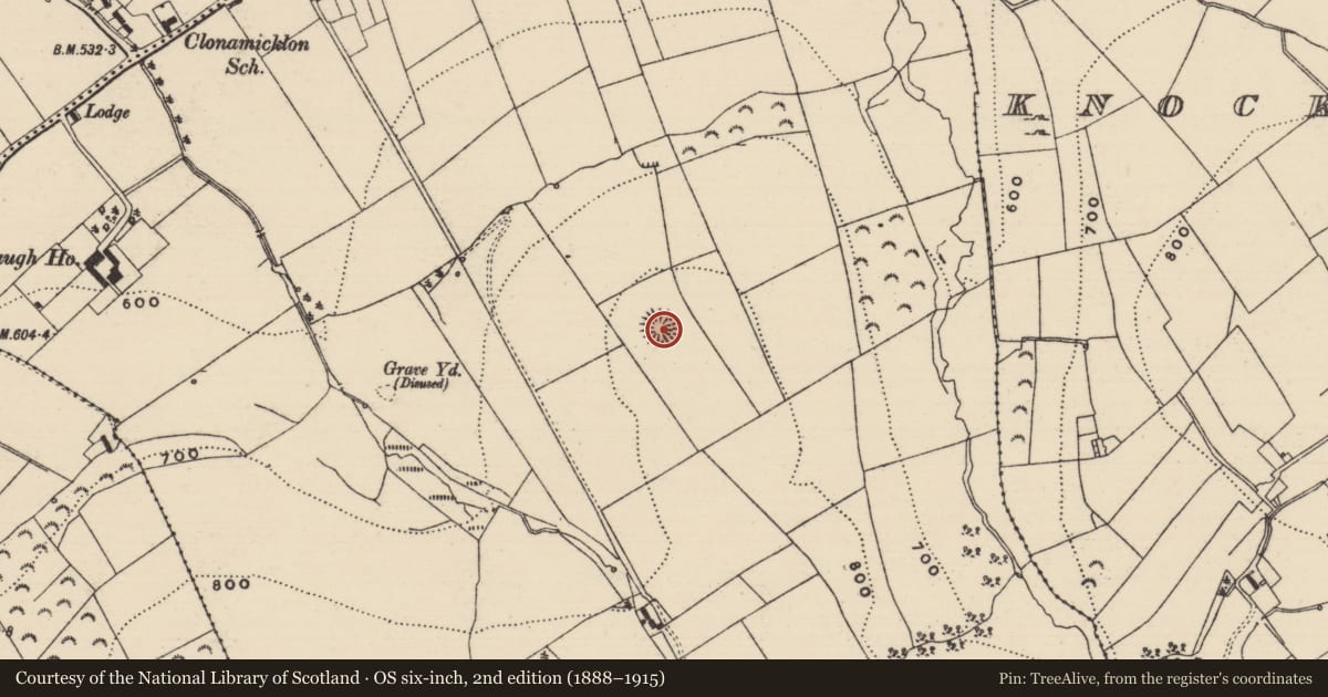 Ordnance Survey six-inch map, 2nd edition (1888–1915) covering the location of Enclosure, Kilbraugh, County Tipperary South, with a pin at the register's coordinates