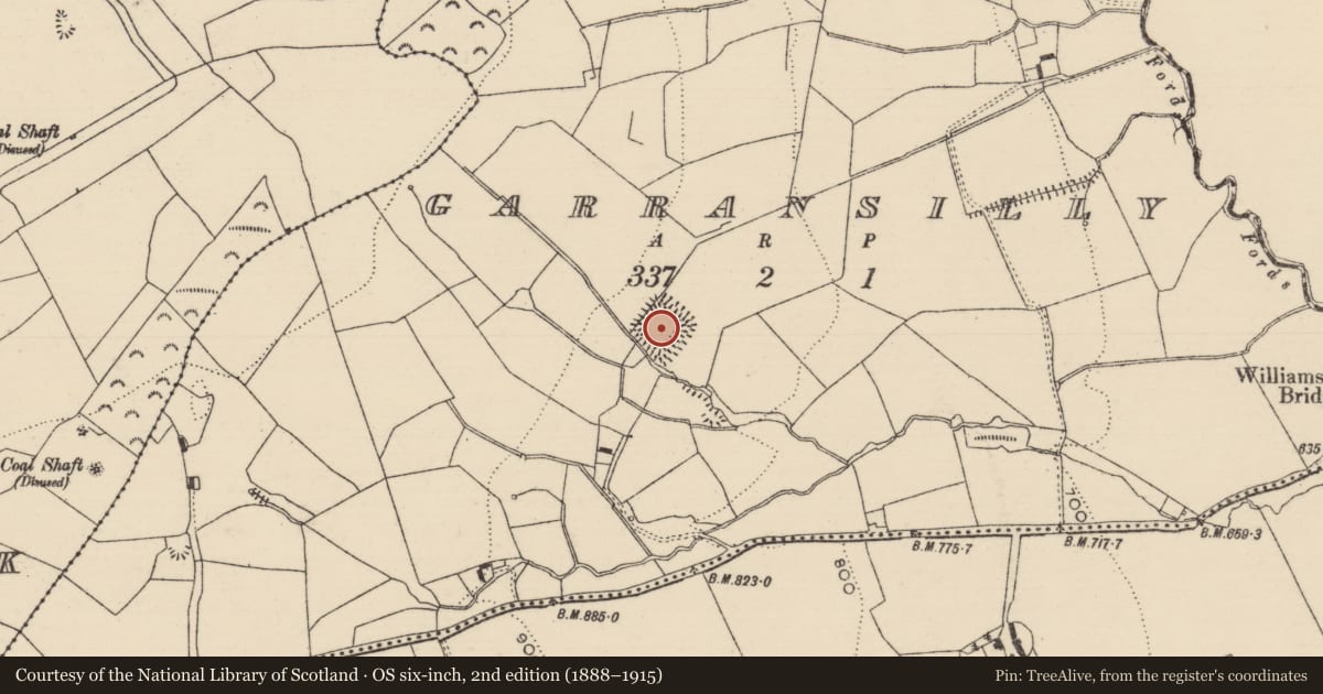 Ordnance Survey six-inch map, 2nd edition (1888–1915) covering the location of Moated site, Garransilly, County Tipperary South, with a pin at the register's coordinates