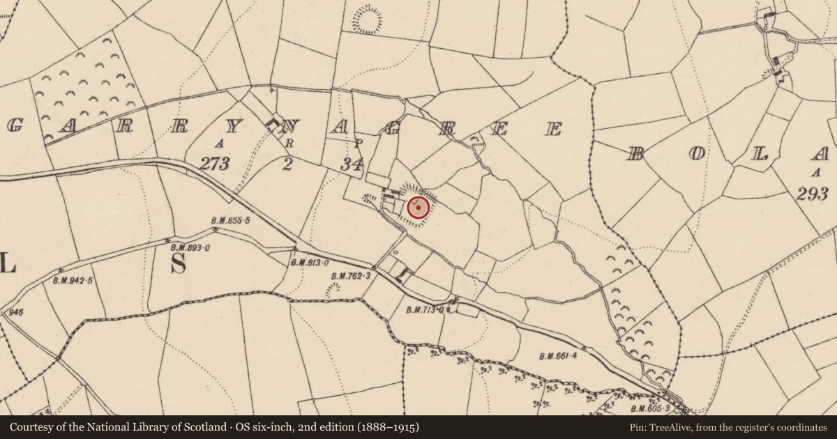 Ordnance Survey six-inch map, 2nd edition (1888–1915) covering the location of Moated site, Garrynagree, County Tipperary South, with a pin at the register's coordinates
