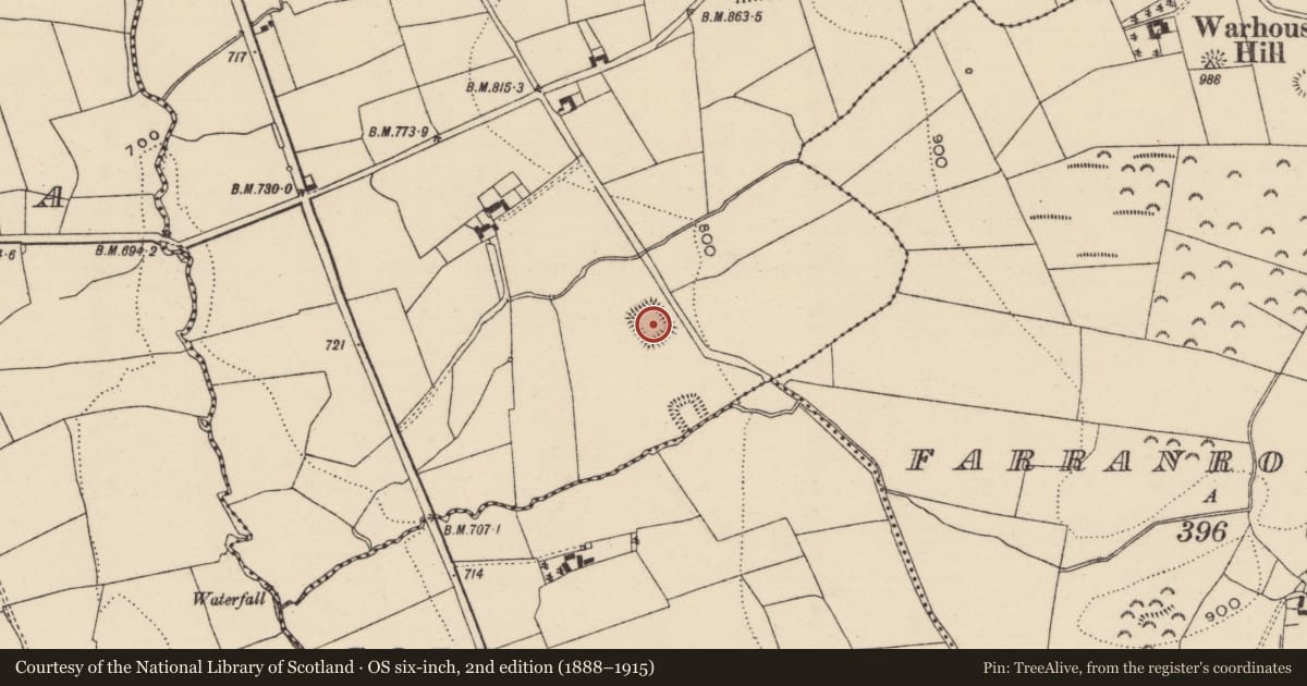 Ordnance Survey six-inch map, 2nd edition (1888–1915) covering the location of Moated site, Kyleballygalvan, County Tipperary South, with a pin at the register's coordinates