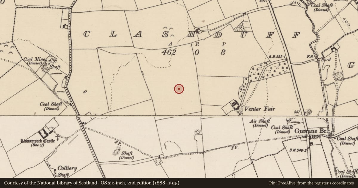 Ordnance Survey six-inch map, 2nd edition (1888–1915) covering the location of Moated site, Clashduff, County Tipperary South, with a pin at the register's coordinates