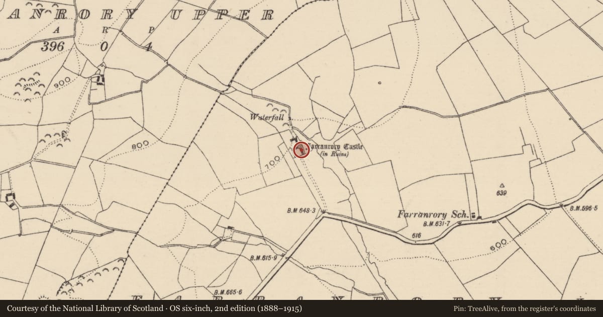 Ordnance Survey six-inch map, 2nd edition (1888–1915) covering the location of Castle - tower house, Farranrory Lower, County Tipperary South, with a pin at the register's coordinates