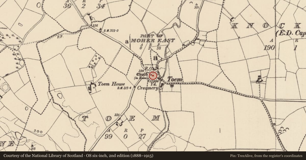 Ordnance Survey six-inch map, 2nd edition (1888–1915) covering the location of Church, Kilbeg (Toem Par.), County Tipperary South, with a pin at the register's coordinates