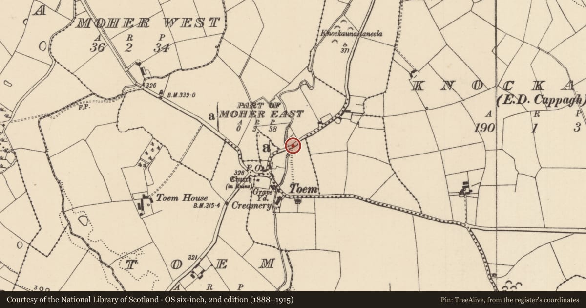 Ordnance Survey six-inch map, 2nd edition (1888–1915) covering the location of Ritual site - holy tree/bush, Shanacloon (Toem Par.), County Tipperary South, with a pin at the register's coordinates