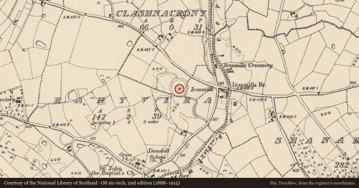 Ordnance Survey six-inch map, 2nd edition (1888–1915) covering the location of Enclosure - large enclosure, Clashnacrony, Rahyvira, County Tipperary South, with a pin at the register's coordinates