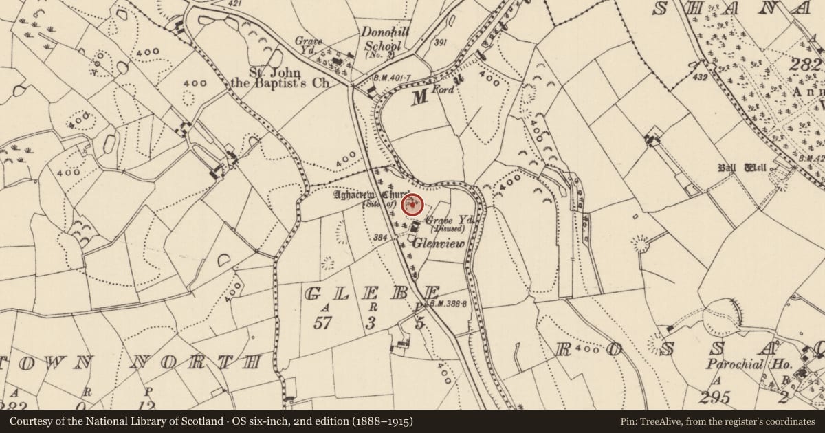 Ordnance Survey six-inch map, 2nd edition (1888–1915) covering the location of Church, Glebe (Aghacrew Par.), County Tipperary South, with a pin at the register's coordinates