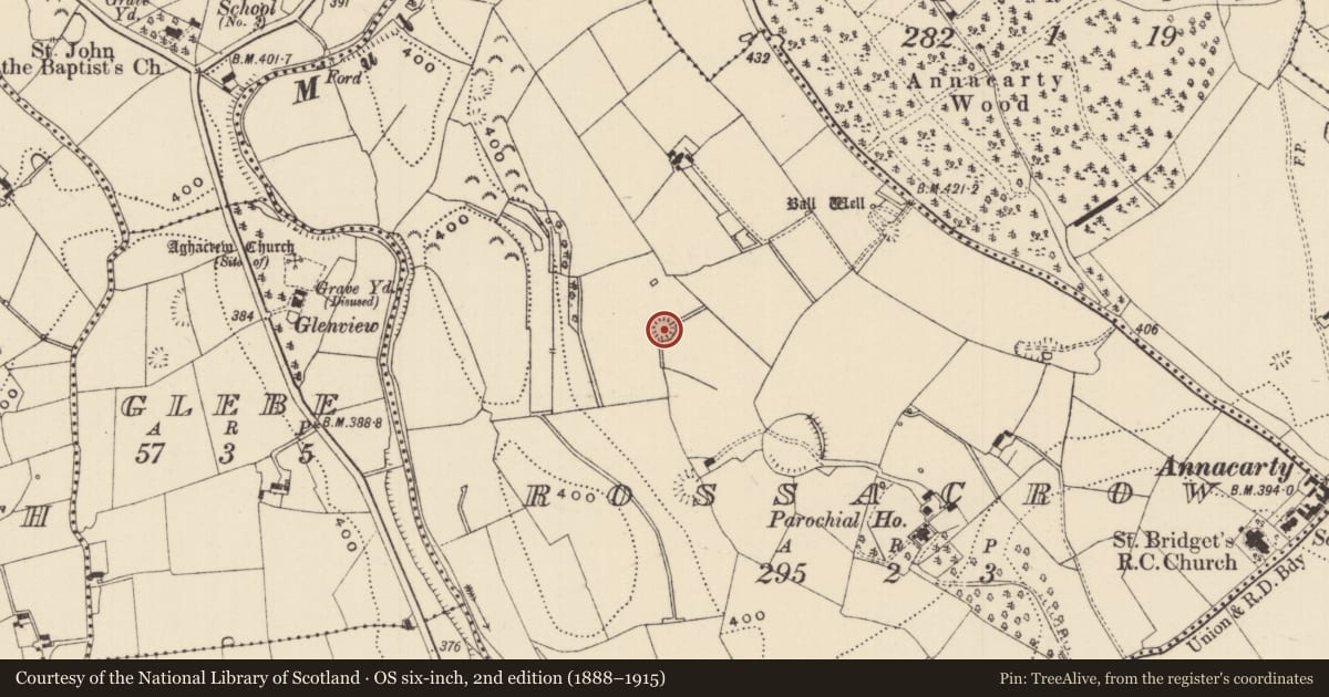 Ordnance Survey six-inch map, 2nd edition (1888–1915) covering the location of Ringfort - rath, Rossacrow (Aghacrew Par.), County Tipperary South, with a pin at the register's coordinates