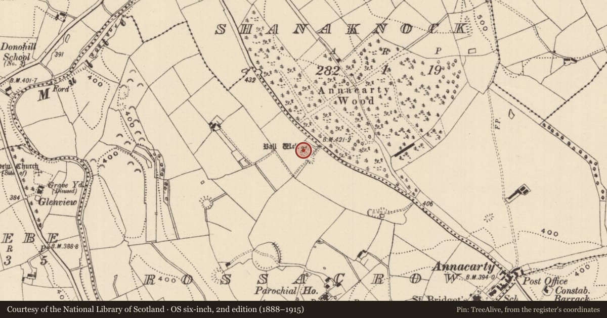 Ordnance Survey six-inch map, 2nd edition (1888–1915) covering the location of Well, Rossacrow (Aghacrew Par.), County Tipperary South, with a pin at the register's coordinates