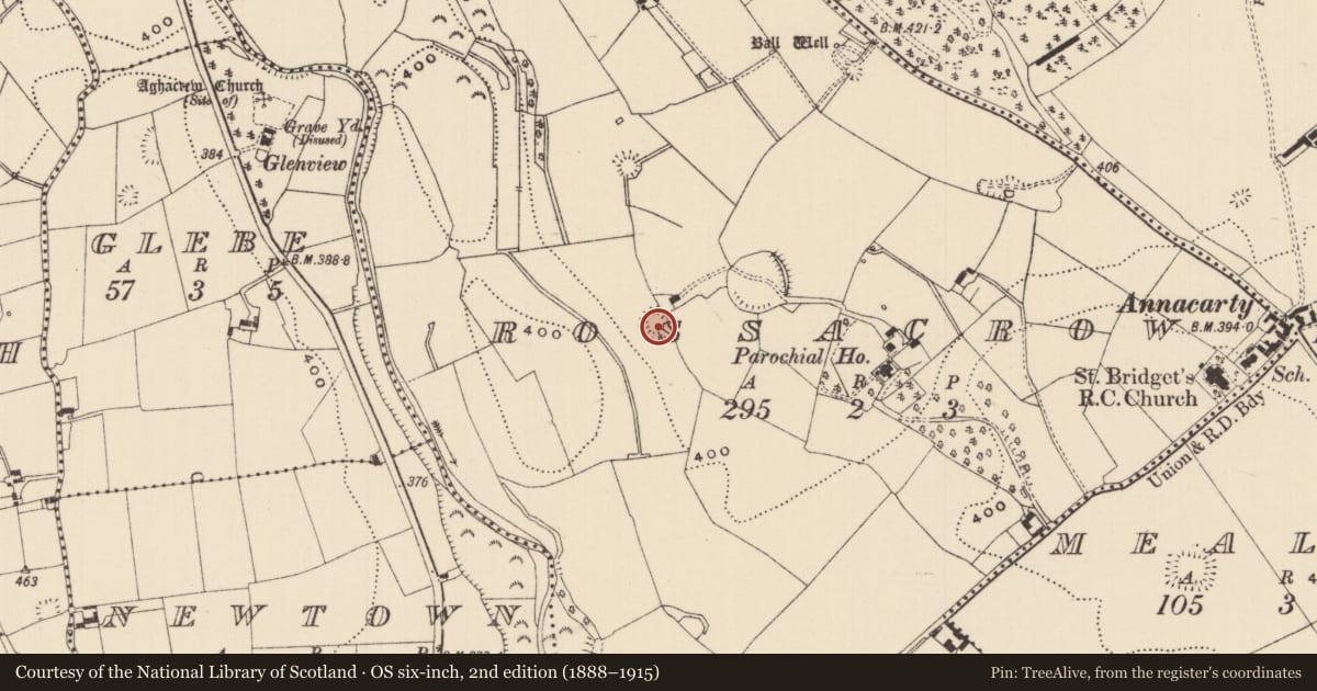Ordnance Survey six-inch map, 2nd edition (1888–1915) covering the location of Ringfort - rath, Rossacrow (Aghacrew Par.), County Tipperary South, with a pin at the register's coordinates