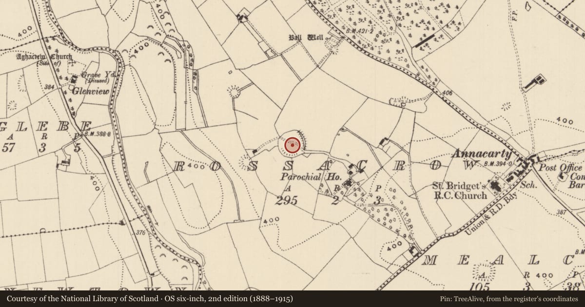 Ordnance Survey six-inch map, 2nd edition (1888–1915) covering the location of Enclosure, Rossacrow (Aghacrew Par.), County Tipperary South, with a pin at the register's coordinates