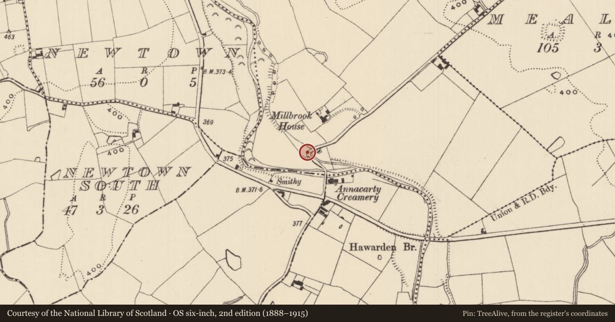 Ordnance Survey six-inch map, 2nd edition (1888–1915) covering the location of Water mill - unclassified, Rossacrow (Donohill Par.), County Tipperary South, with a pin at the register's coordinates