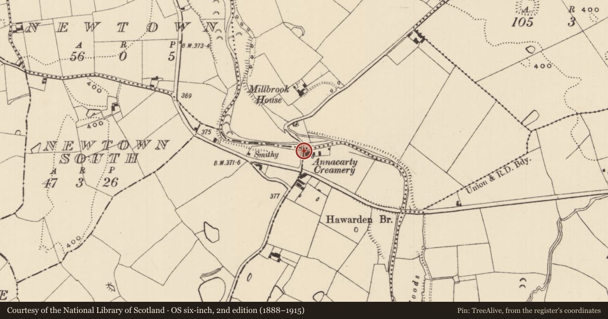 Ordnance Survey six-inch map, 2nd edition (1888–1915) covering the location of Bridge, County Tipperary South, with a pin at the register's coordinates