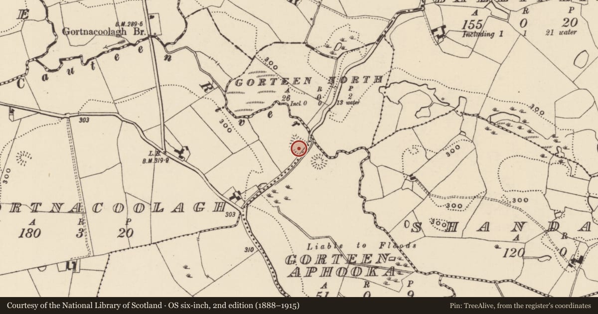Ordnance Survey six-inch map, 2nd edition (1888–1915) covering the location of Moated site, Gorteenaphooka, Gortnacoolagh, County Tipperary South, with a pin at the register's coordinates