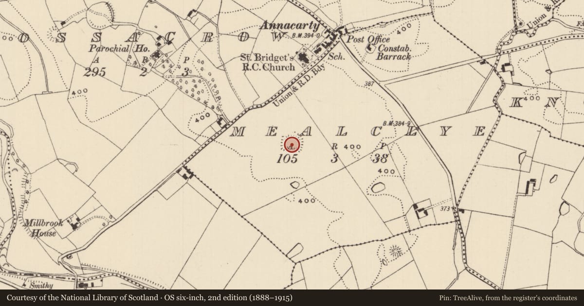 Ordnance Survey six-inch map, 2nd edition (1888–1915) covering the location of Moated site, Mealclye, County Tipperary South, with a pin at the register's coordinates