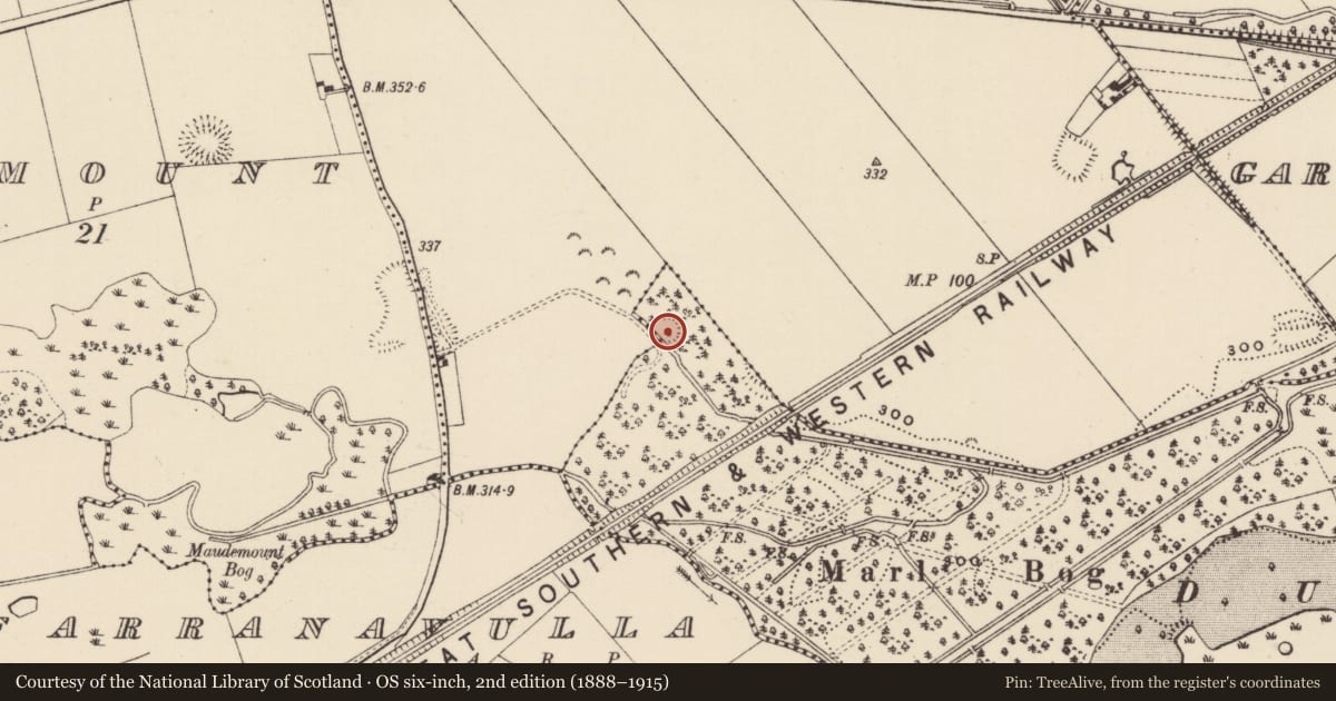 Ordnance Survey six-inch map, 2nd edition (1888–1915) covering the location of Enclosure, Dundrum, Gortussa (Ballintemple Par.), County Tipperary South, with a pin at the register's coordinates
