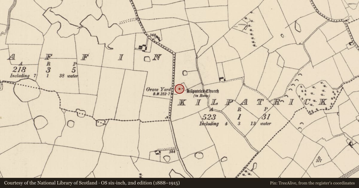 Ordnance Survey six-inch map, 2nd edition (1888–1915) covering the location of Graveyard, Kilpatrick (Kilpatrick Par.), County Tipperary South, with a pin at the register's coordinates