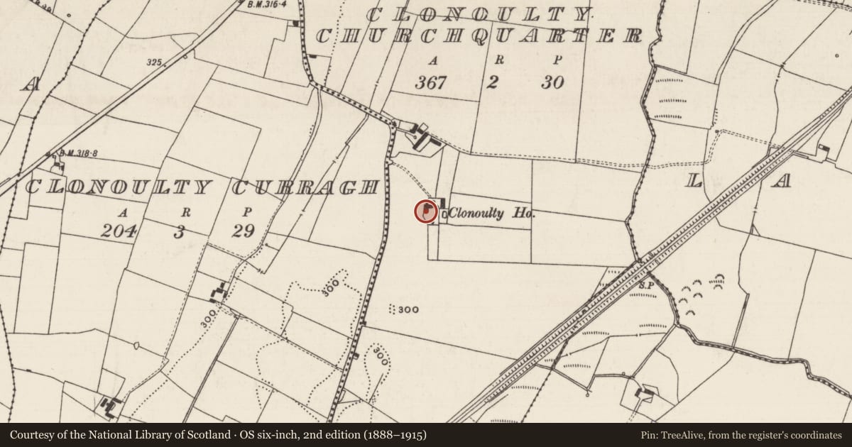 Ordnance Survey six-inch map, 2nd edition (1888–1915) covering the location of House - 17th century, Clonoulty Churchquarter, County Tipperary South, with a pin at the register's coordinates