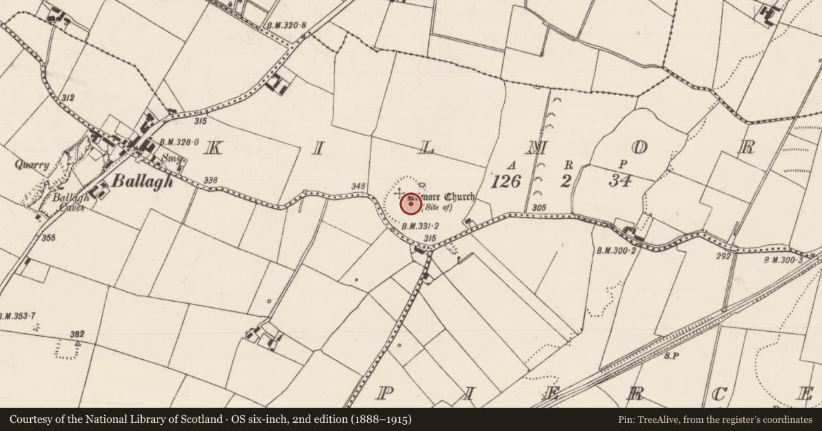 Ordnance Survey six-inch map, 2nd edition (1888–1915) covering the location of Ecclesiastical enclosure, Kilmore (Clonoulty Par.), County Tipperary South, with a pin at the register's coordinates