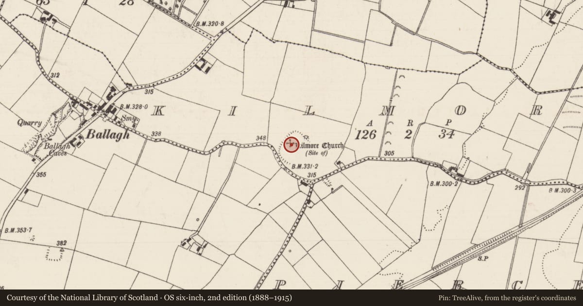 Ordnance Survey six-inch map, 2nd edition (1888–1915) covering the location of Church, Kilmore (Clonoulty Par.), County Tipperary South, with a pin at the register's coordinates