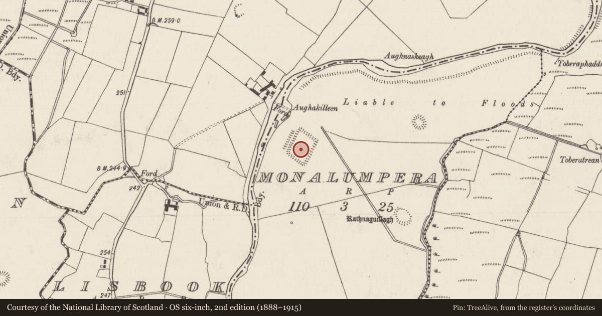 Ordnance Survey six-inch map, 2nd edition (1888–1915) covering the location of Moated site, Monalumpera, County Tipperary South, with a pin at the register's coordinates
