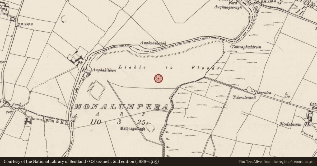 Ordnance Survey six-inch map, 2nd edition (1888–1915) covering the location of Ringfort - rath, Monalumpera, County Tipperary South, with a pin at the register's coordinates
