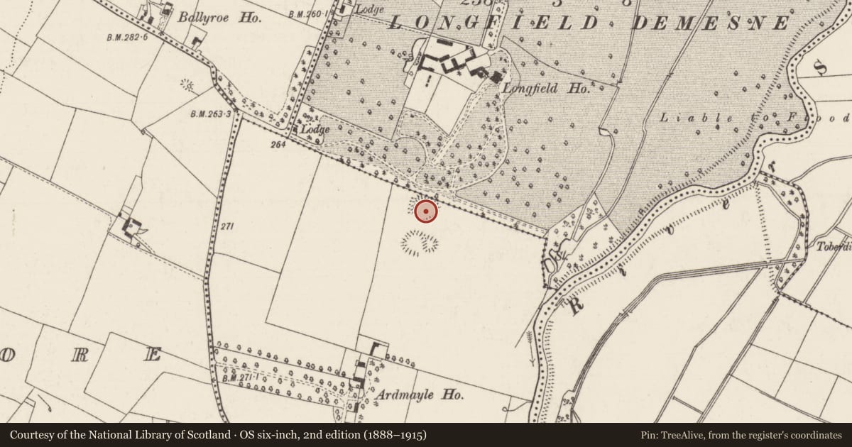 Ordnance Survey six-inch map, 2nd edition (1888–1915) covering the location of Enclosure, Ardmayle West, Longfield, County Tipperary South, with a pin at the register's coordinates
